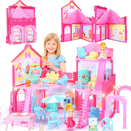 AmiDear Foldable Dollhouse 2024, Dream 3-Story Princess Doll House Playset with Furniture Slide, Pink Toddler Toy House for 3 4 5 6 7 8 9 10 Year Old Girls