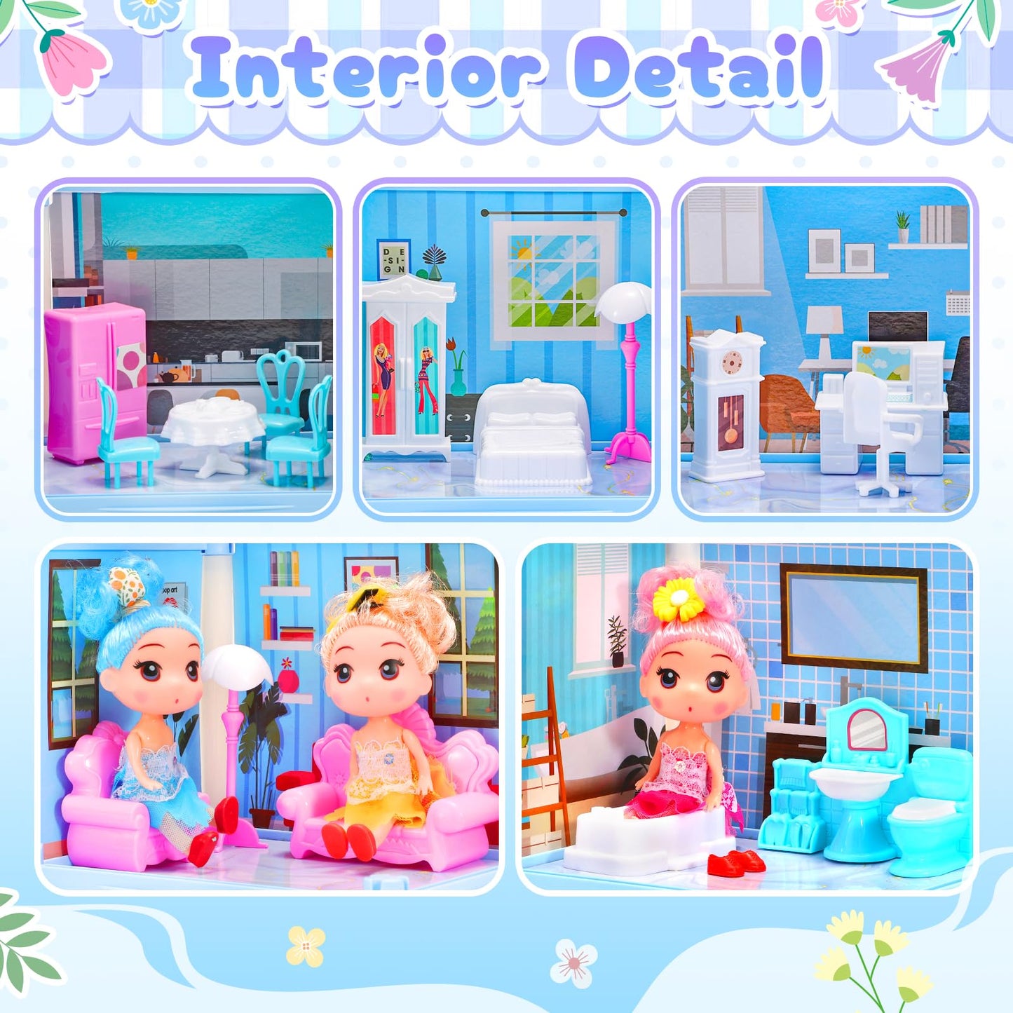 AmiDear Dollhouse with 4-Story 11 Rooms, Dream Gift Princess Doll House Playset with Furniture, Blue Toddler House with Pool Slide for 3 4 5 6 7 8 9 10 Year Old Girls Kids