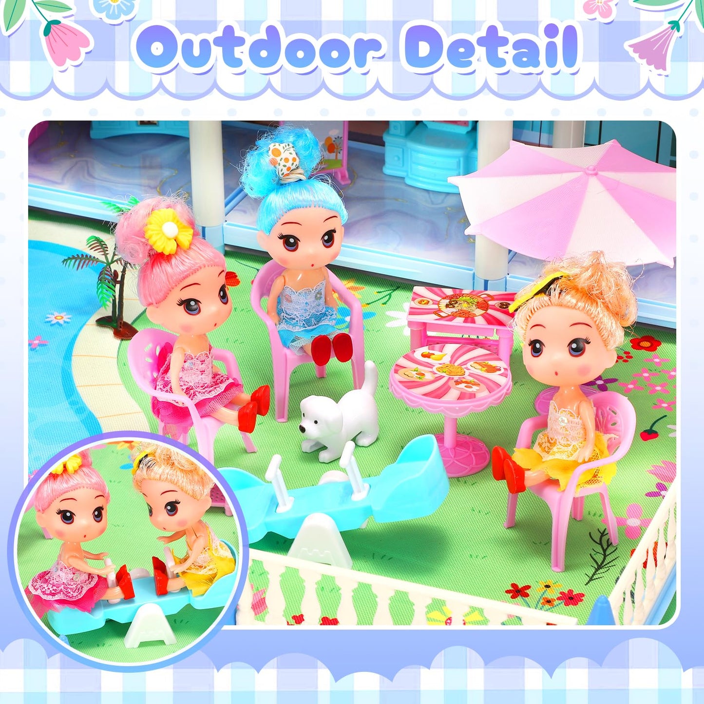AmiDear Dollhouse with 4-Story 11 Rooms, Dream Gift Princess Doll House Playset with Furniture, Blue Toddler House with Pool Slide for 3 4 5 6 7 8 9 10 Year Old Girls Kids