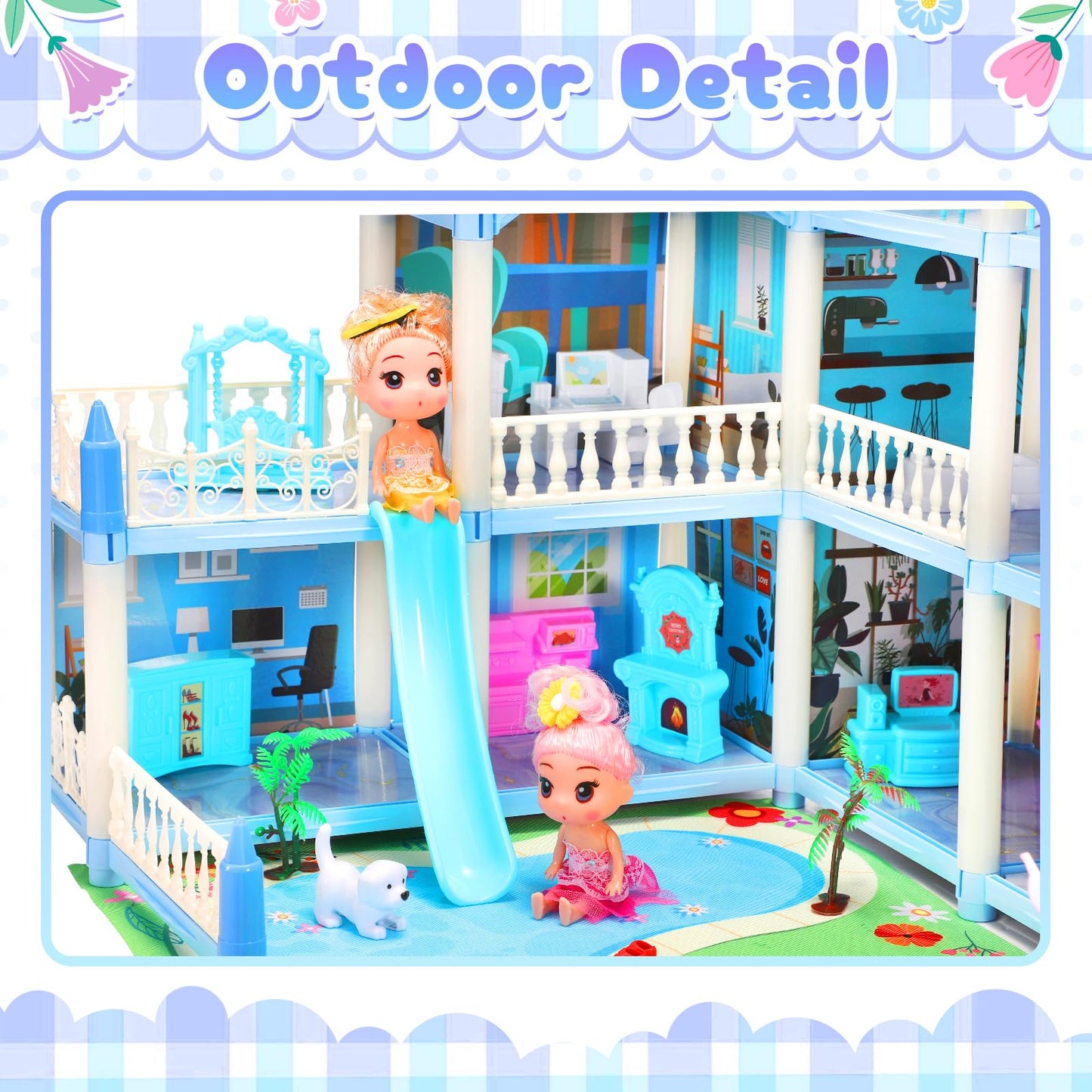AmiDear Dollhouse with 4-Story 11 Rooms, Dream Gift Princess Doll House Playset with Furniture, Blue Toddler House with Pool Slide for 3 4 5 6 7 8 9 10 Year Old Girls Kids