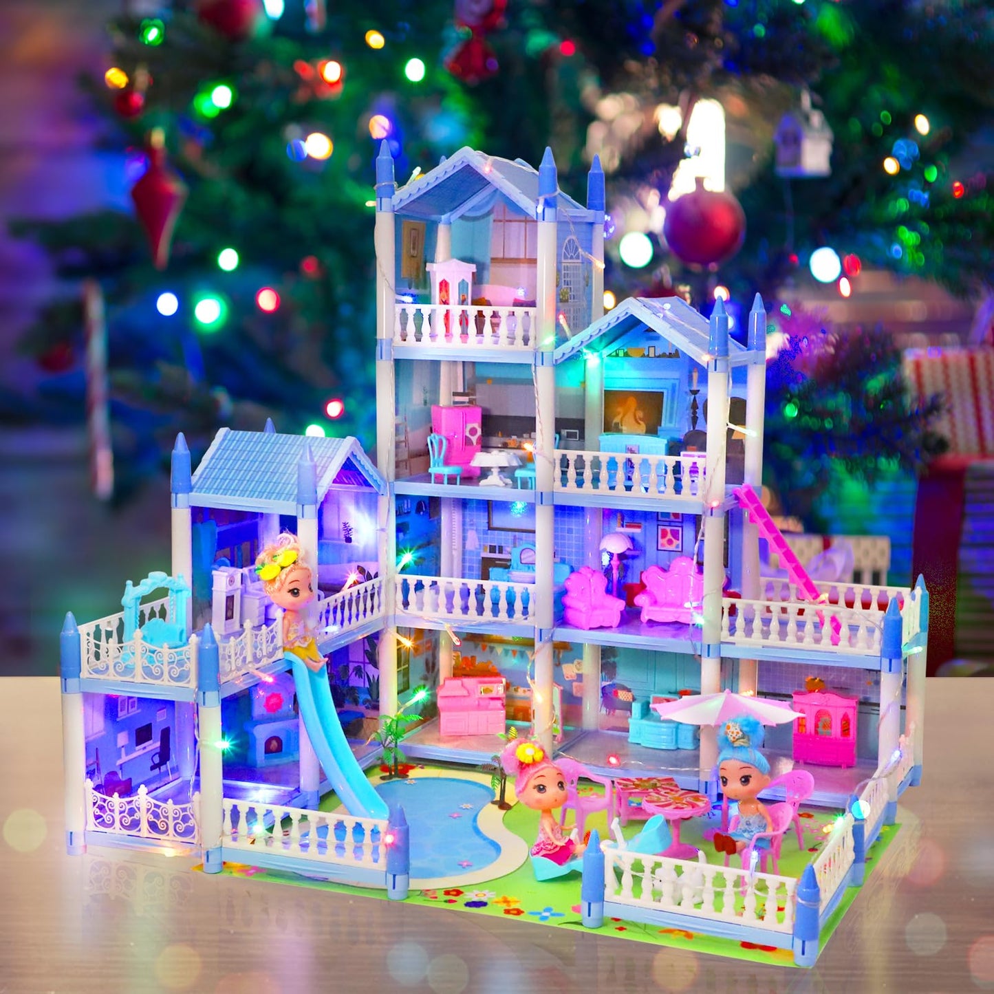 AmiDear Dollhouse with 4-Story 11 Rooms, Dream Gift Princess Doll House Playset with Furniture, Blue Toddler House with Pool Slide for 3 4 5 6 7 8 9 10 Year Old Girls Kids