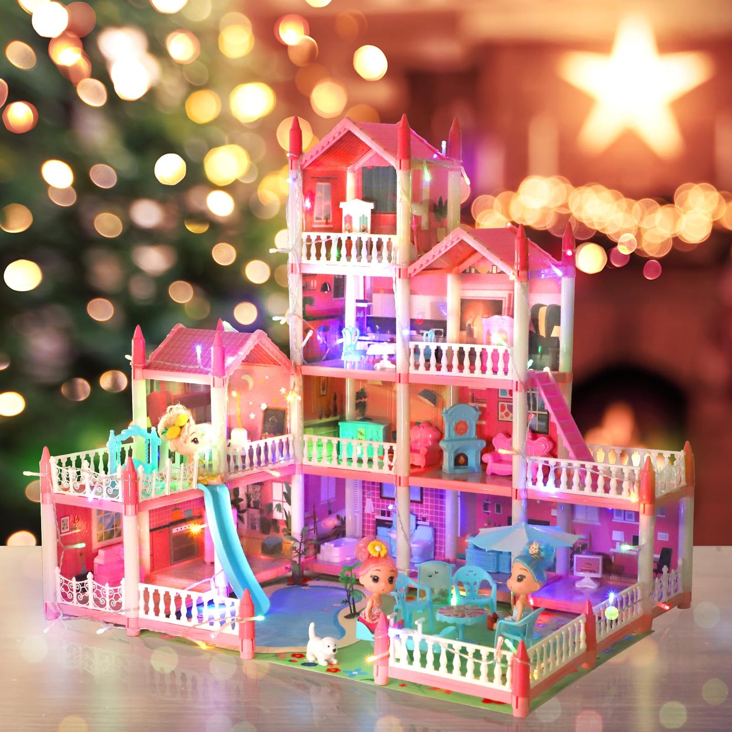 AmiDear Dollhouse with 4-Story 11 Rooms, Dream Gift Princess Doll House Playset with Furniture Pool Slide, Pink Toddler Toy House for 3 4 5 6 7 8 9 10 Year Old Girls