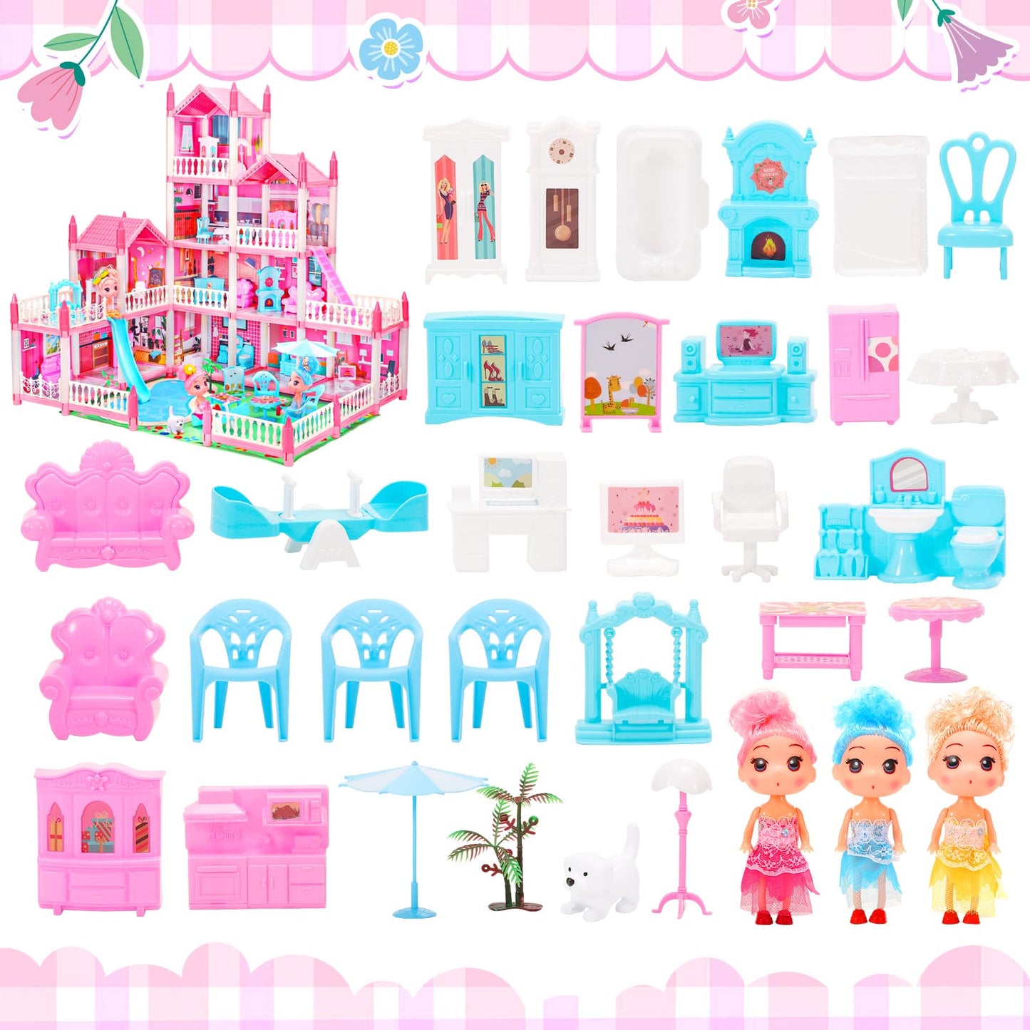 AmiDear Dollhouse with 4-Story 11 Rooms, Dream Gift Princess Doll House Playset with Furniture Pool Slide, Pink Toddler Toy House for 3 4 5 6 7 8 9 10 Year Old Girls