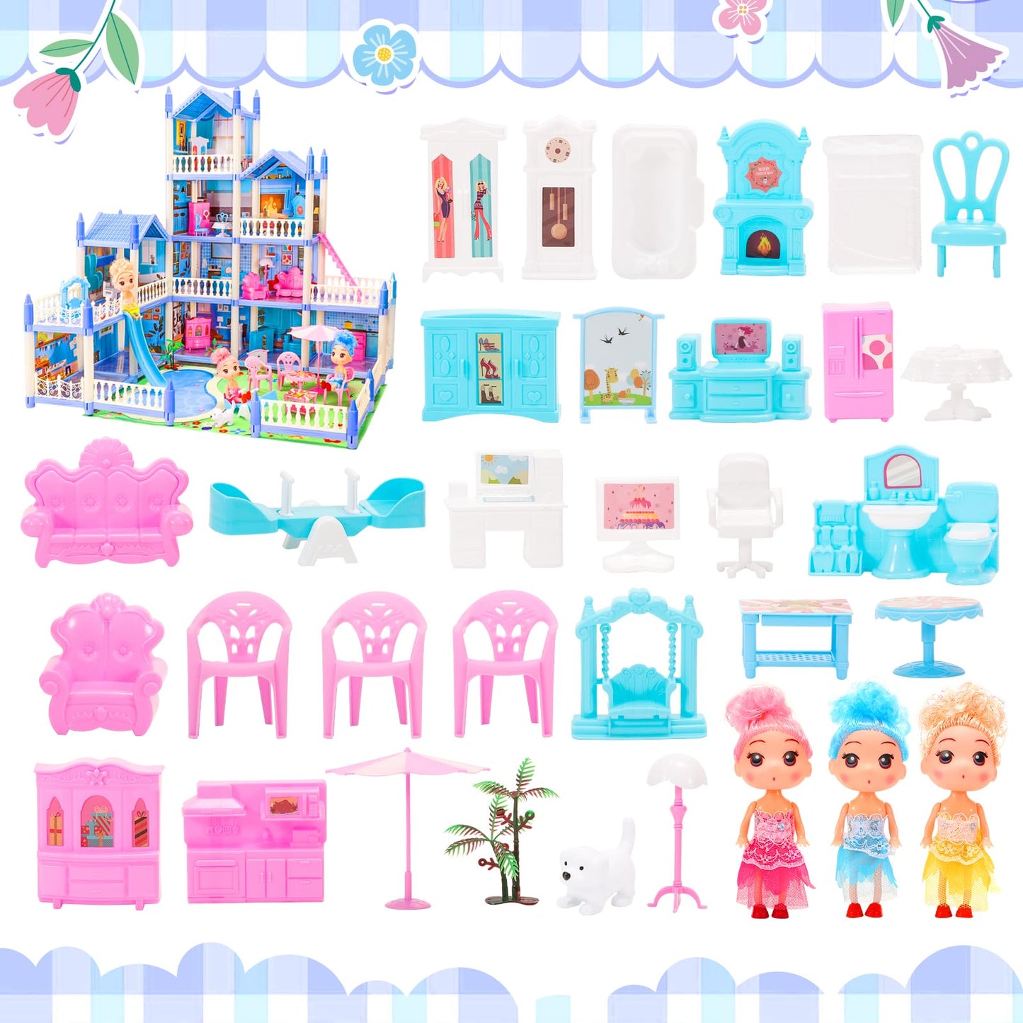 AmiDear Dollhouse with 4-Story 11 Rooms, Dream Gift Princess Doll House Playset with Furniture, Blue Toddler House with Pool Slide for 3 4 5 6 7 8 9 10 Year Old Girls Kids